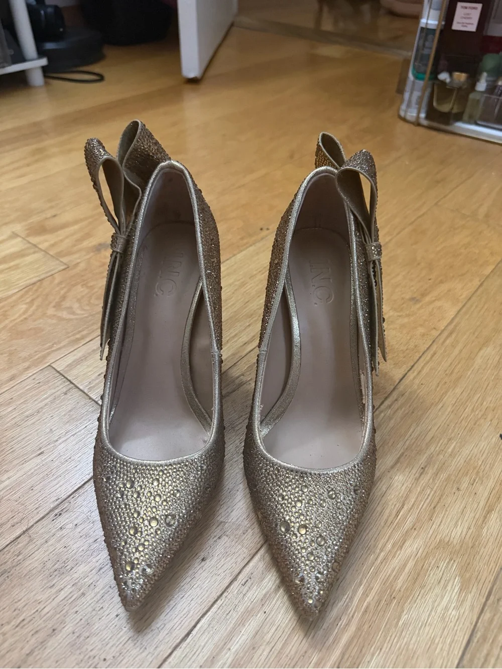 INC International Concepts Gold Crystal Bow Pointed-Toe Stilettos